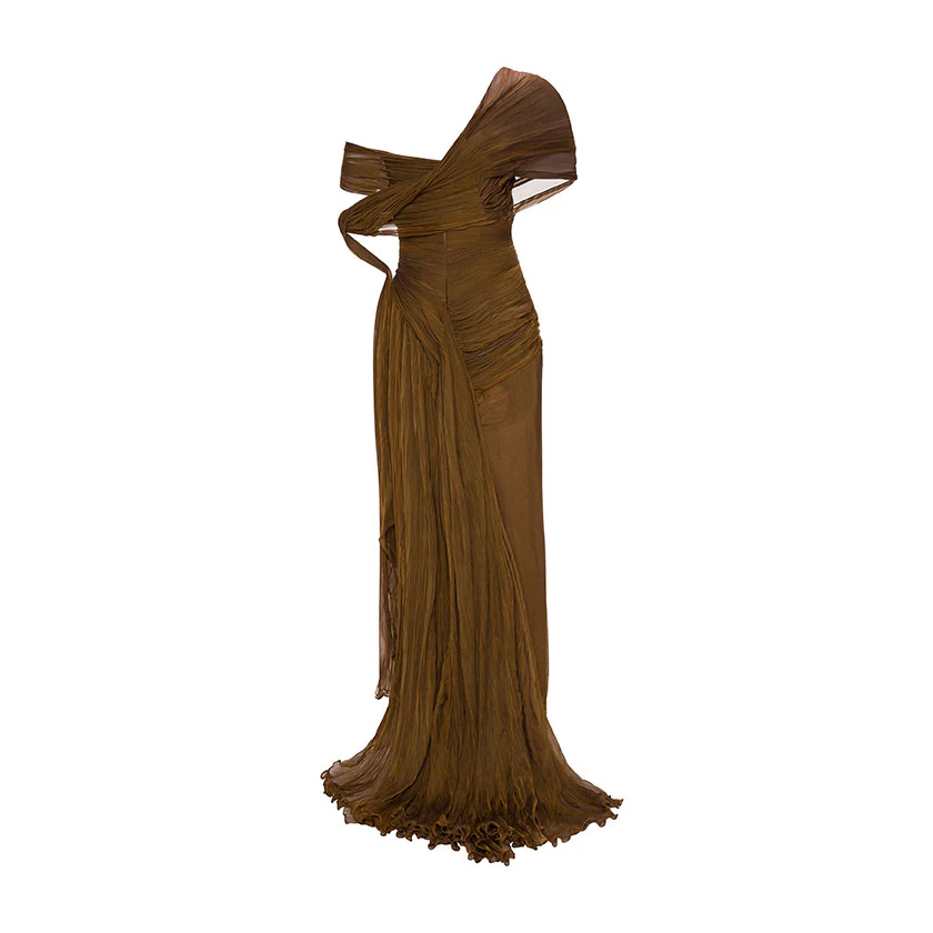 OFF-SHOULDER HAND PLEATED CHIFFON DRESS - Image 3