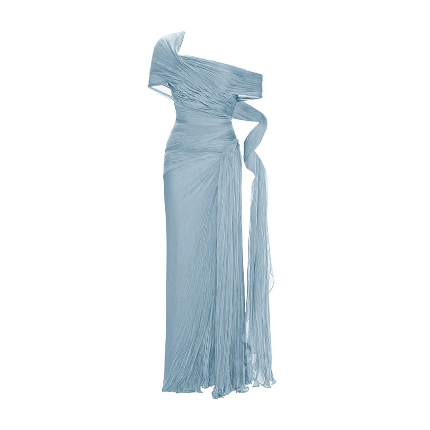 OFF-SHOULDER HAND PLEATED CHIFFON DRESS - Image 5