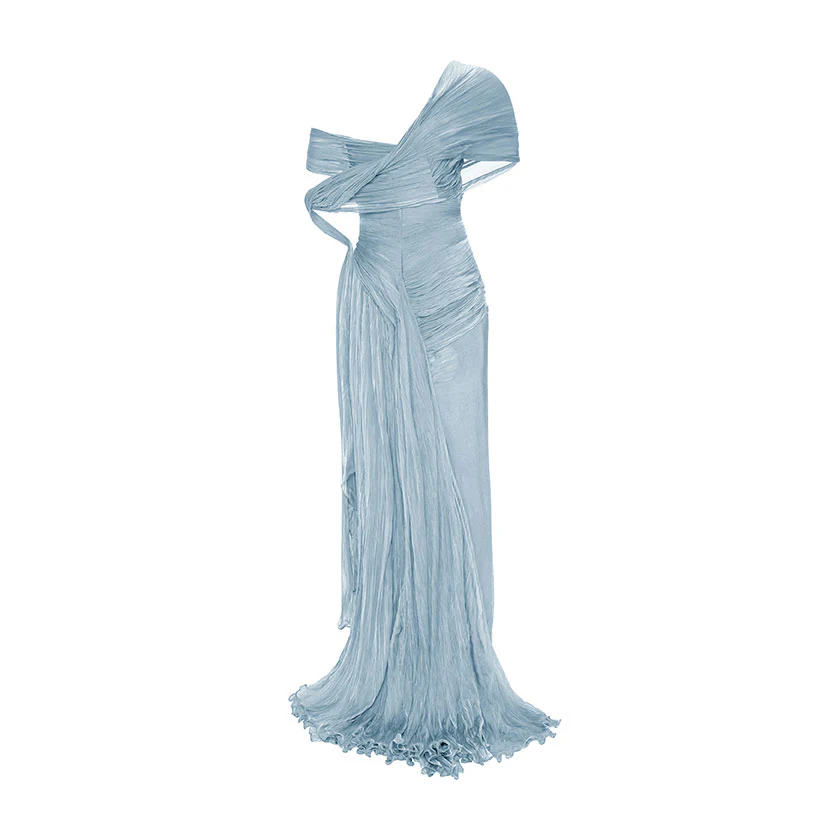 OFF-SHOULDER HAND PLEATED CHIFFON DRESS - Image 6