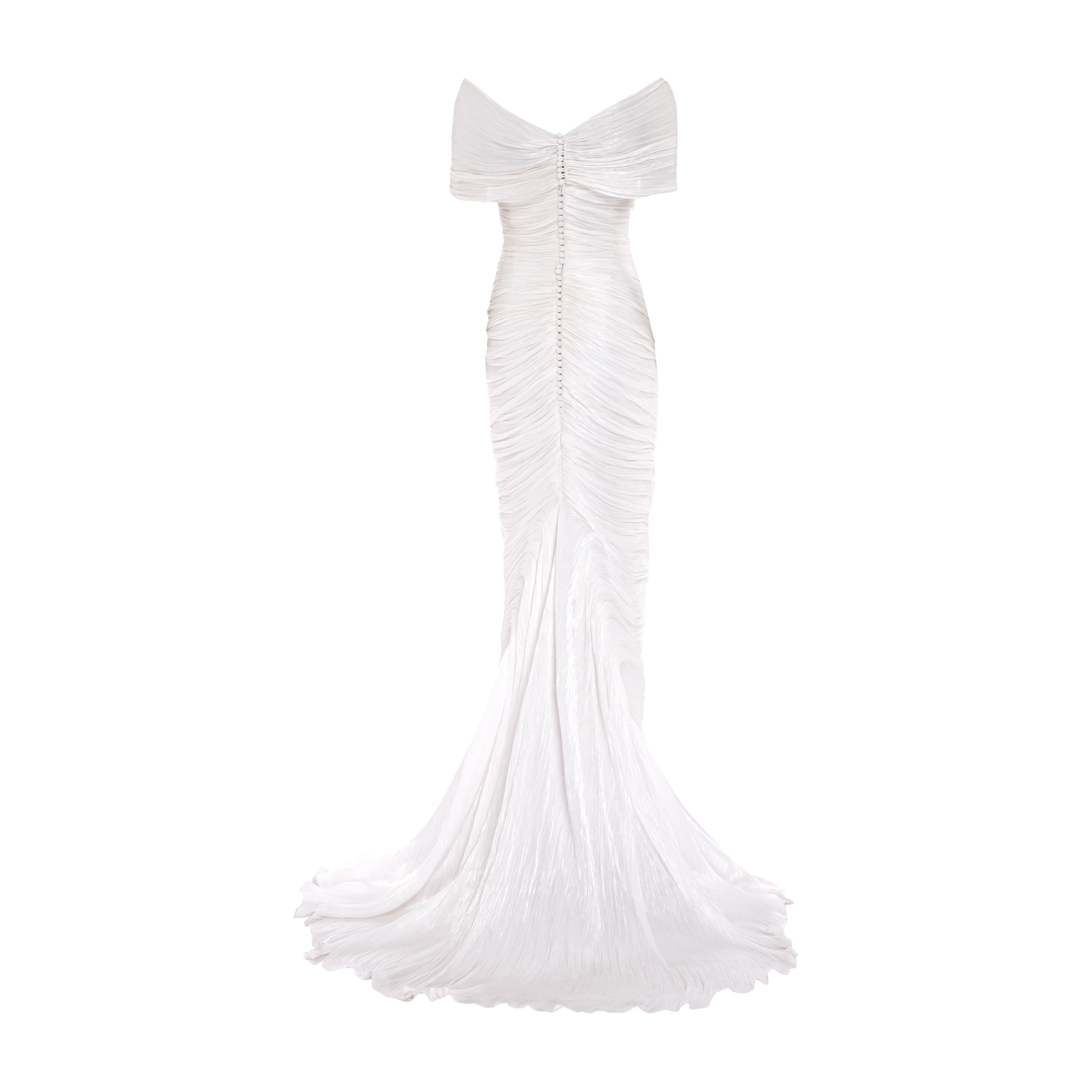 Off shoulder hand pleated draped Satin - like gown - Image 3