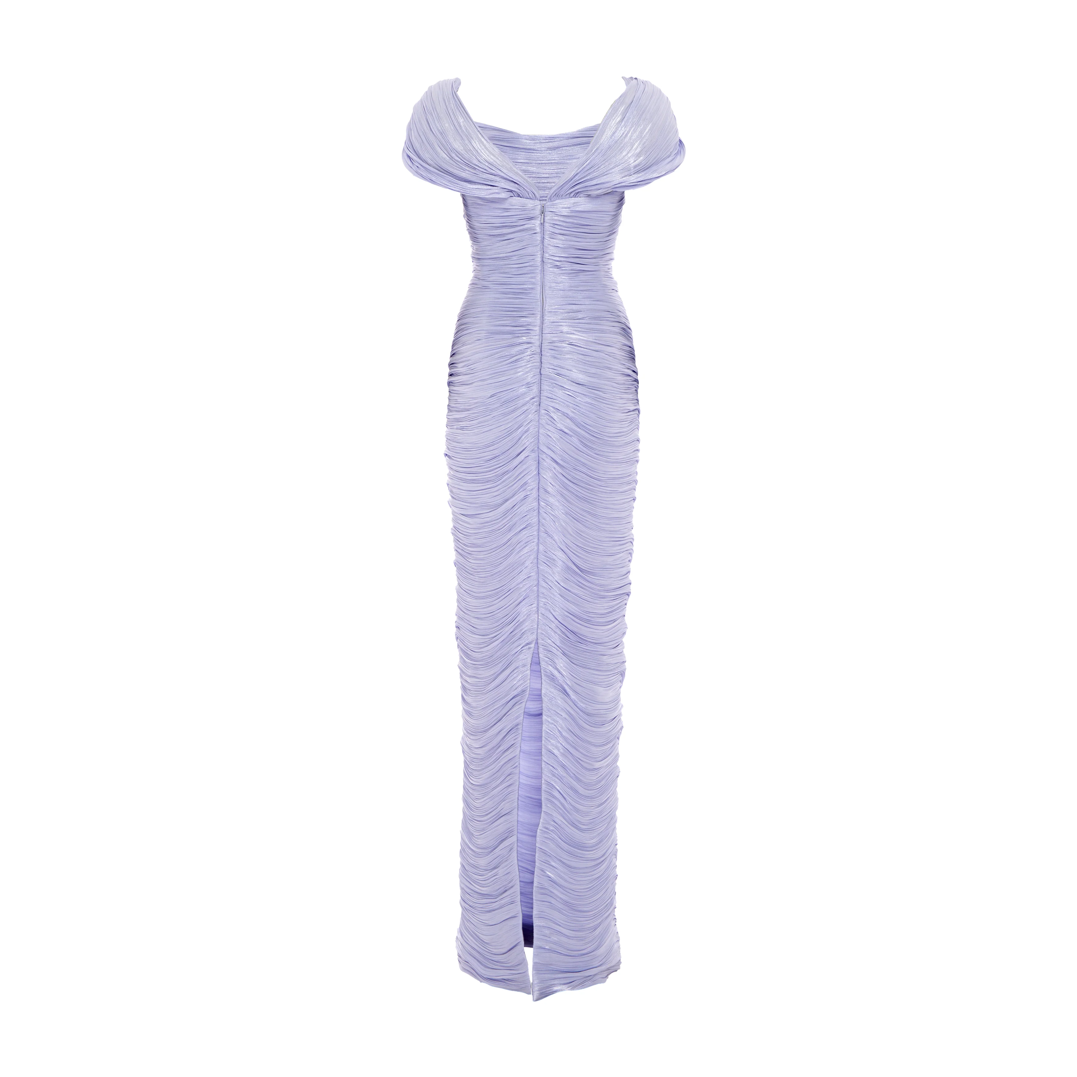 Off shoulder, hand pleated draped Satin-like gown with soft wires on top - Image 3