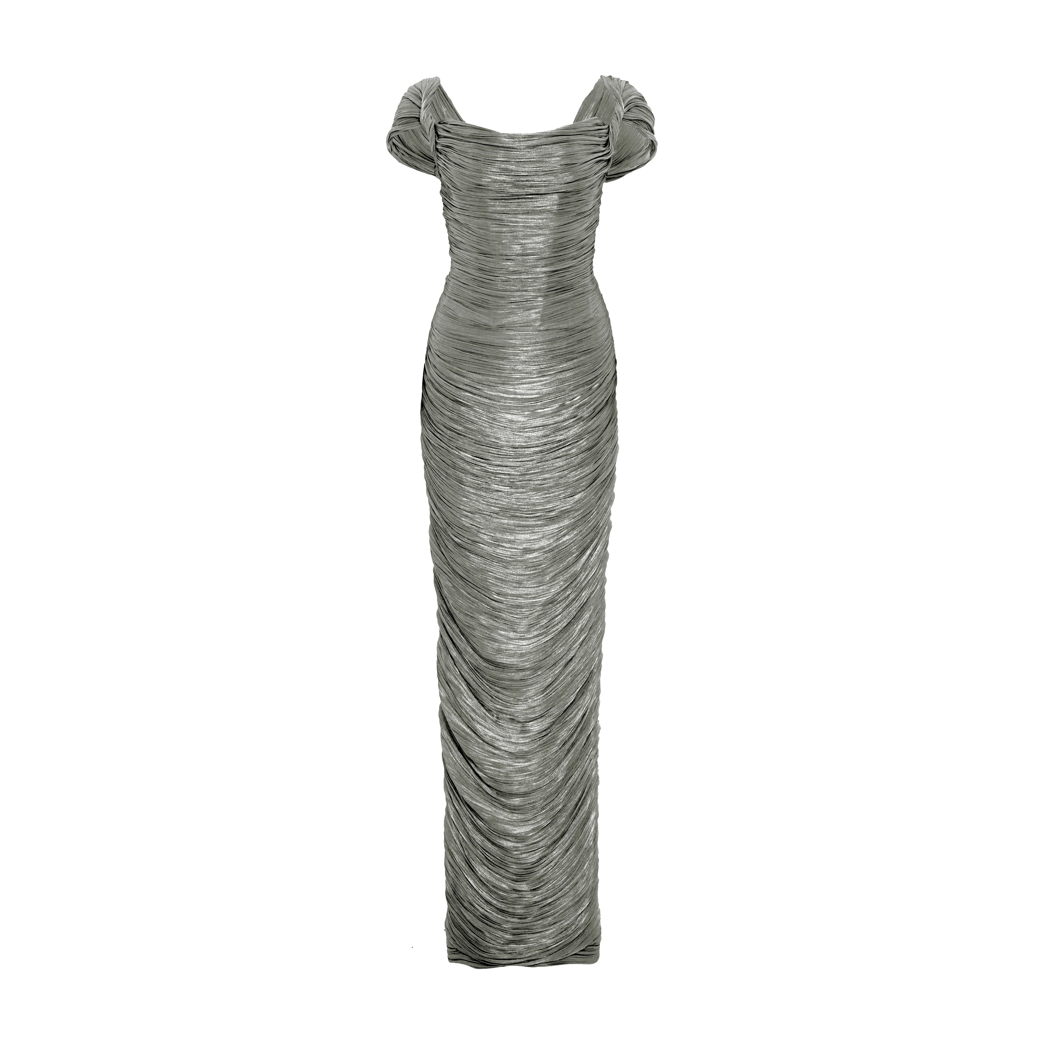 Off shoulder, hand pleated draped Satin-like gown with soft wires on top - Image 6