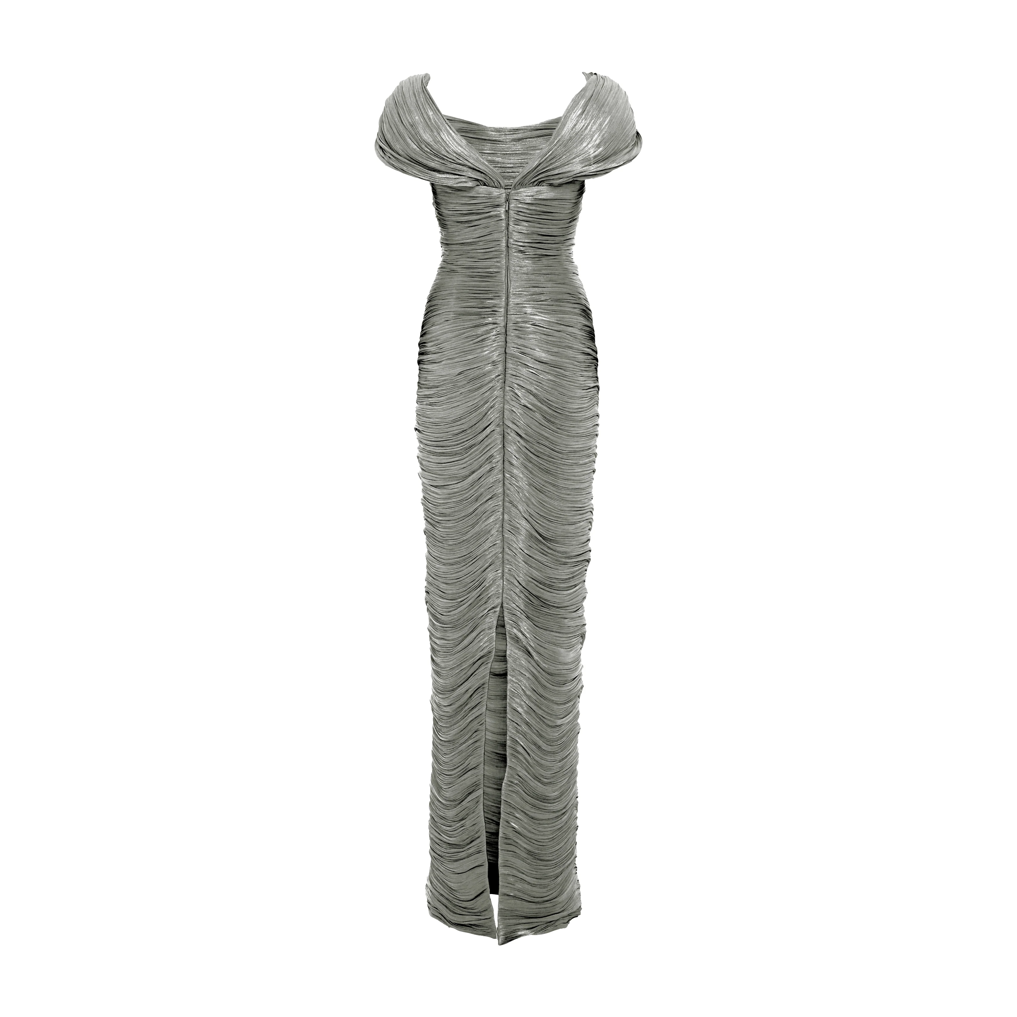 Off shoulder, hand pleated draped Satin-like gown with soft wires on top - Image 7