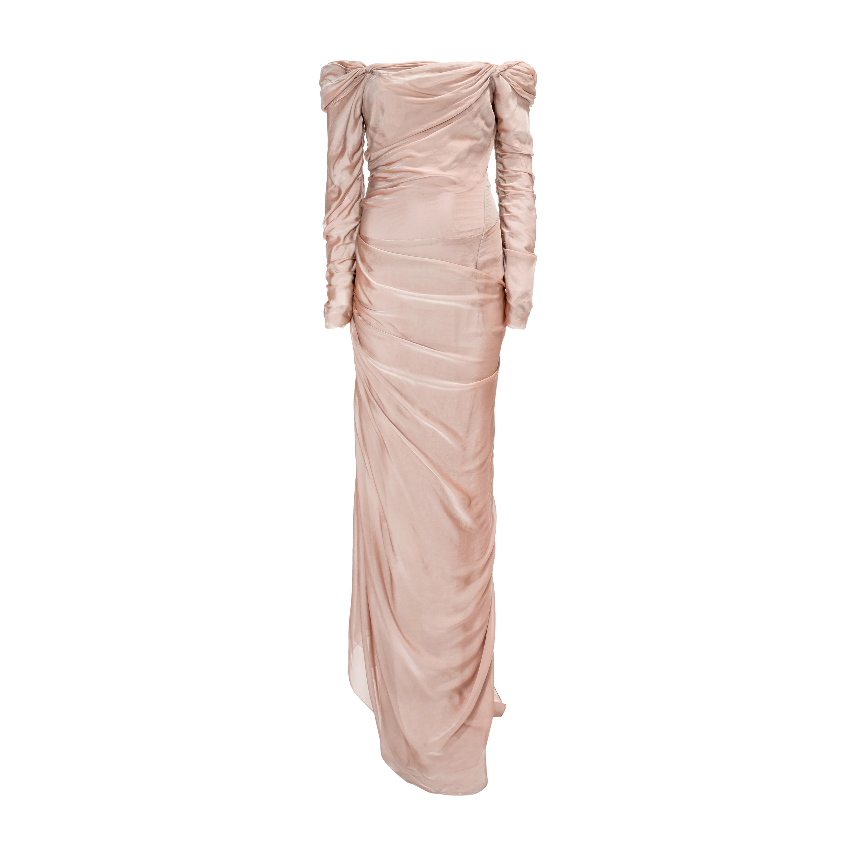 Off shoulder long sleeve draped two-tone chiffon gown - Image 10