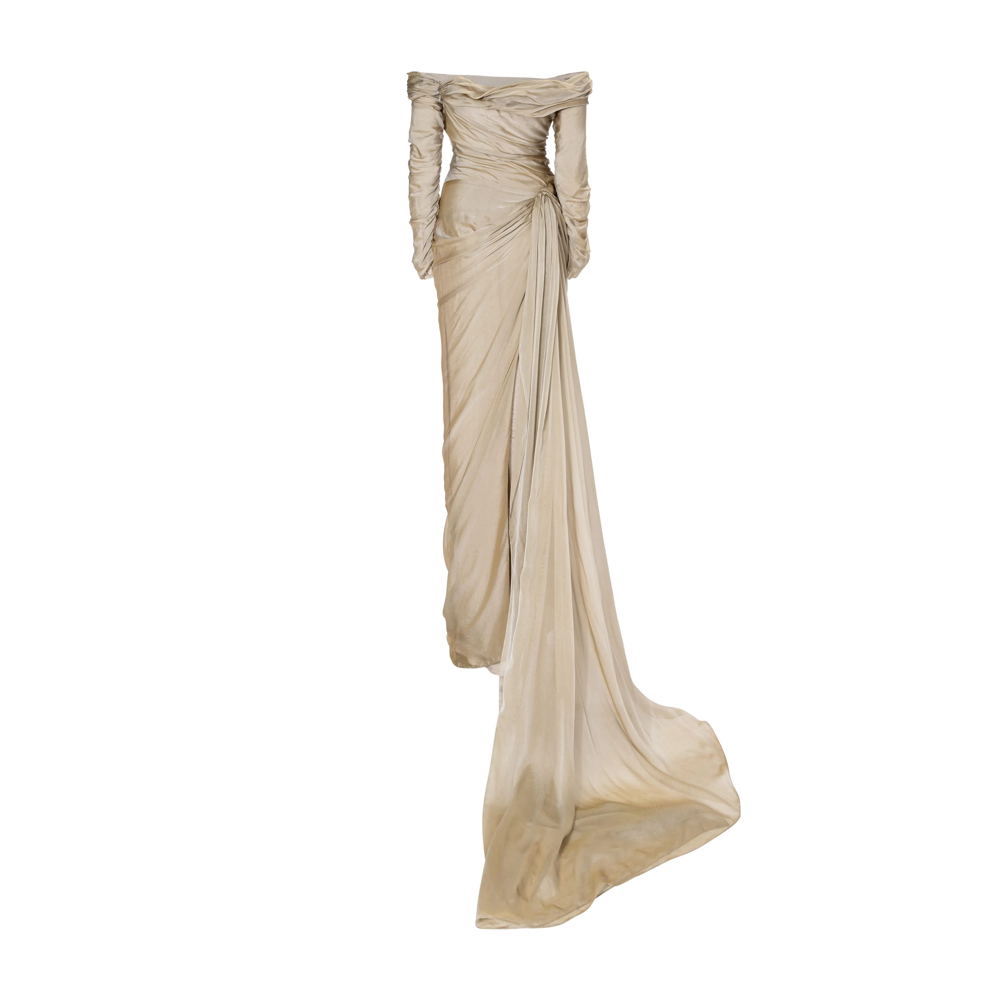 Off shoulder long sleeve draped two-tone chiffon gown - Image 4
