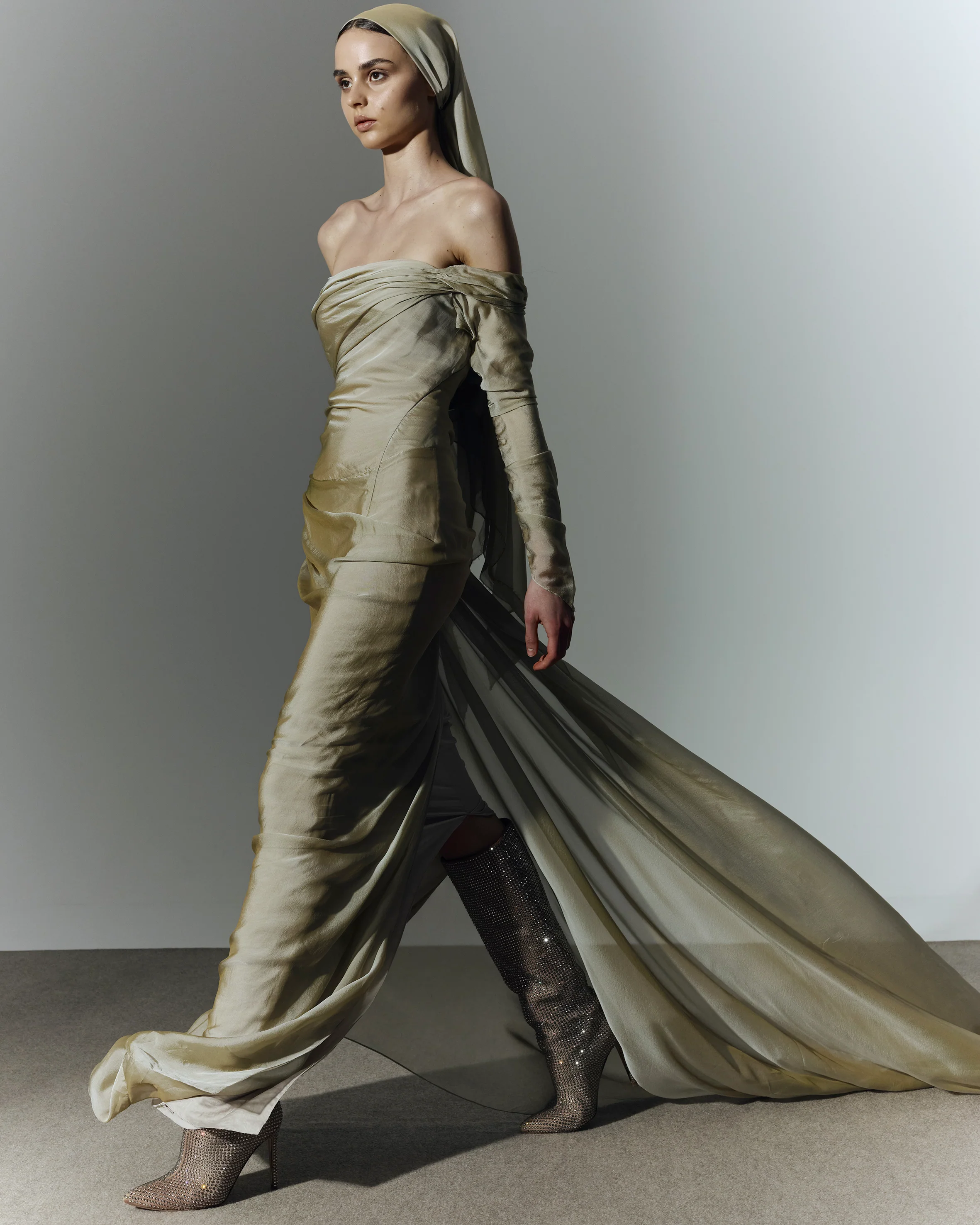 Off shoulder long sleeve draped two-tone chiffon gown - Image 6