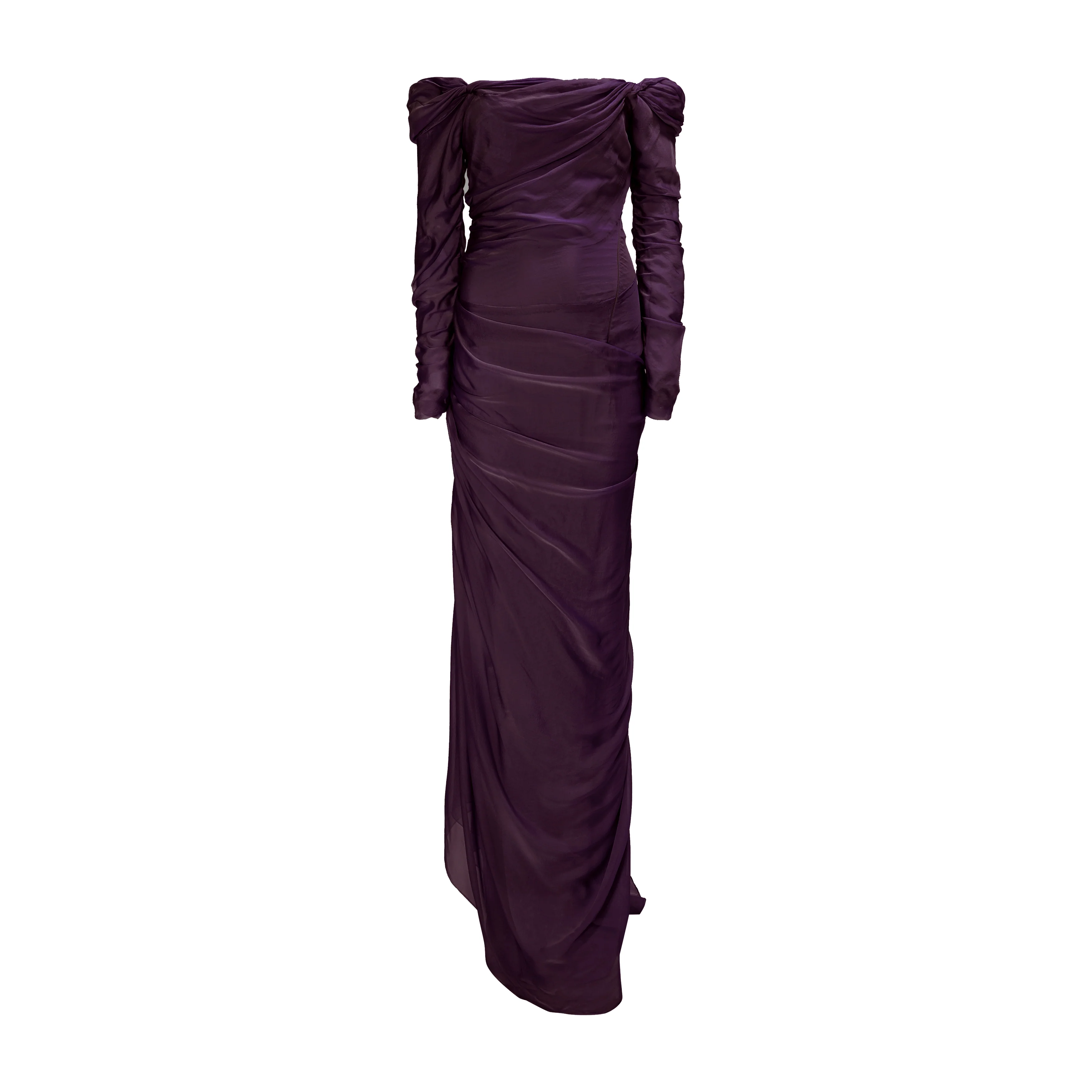 Off shoulder long sleeve draped two-tone chiffon gown - Image 8