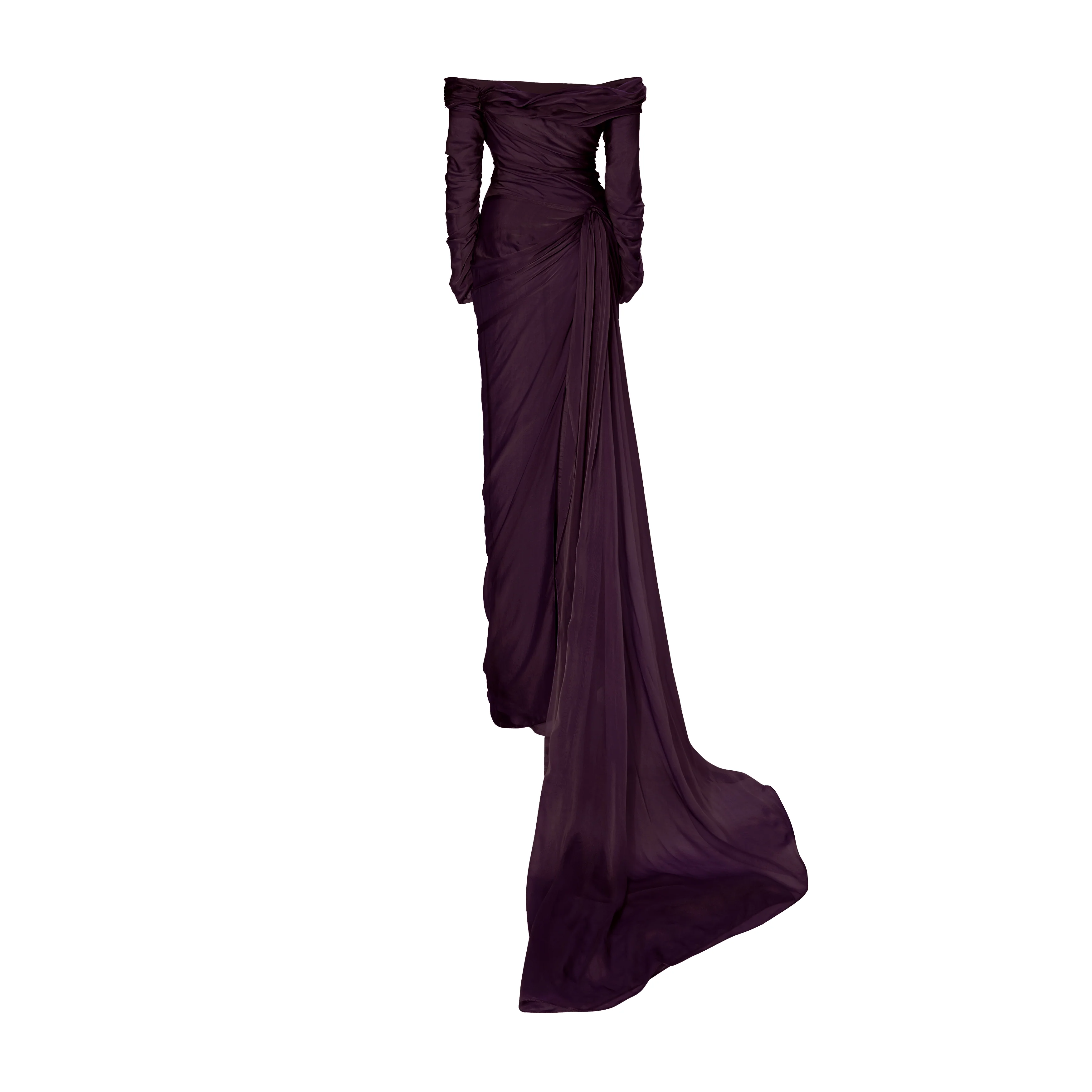 Off shoulder long sleeve draped two-tone chiffon gown - Image 9