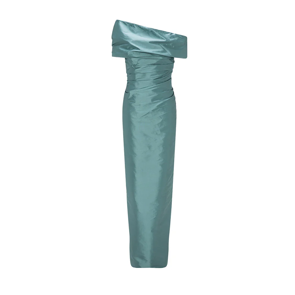 OFF SHOULDER TAFFETA DRAPED DRESS