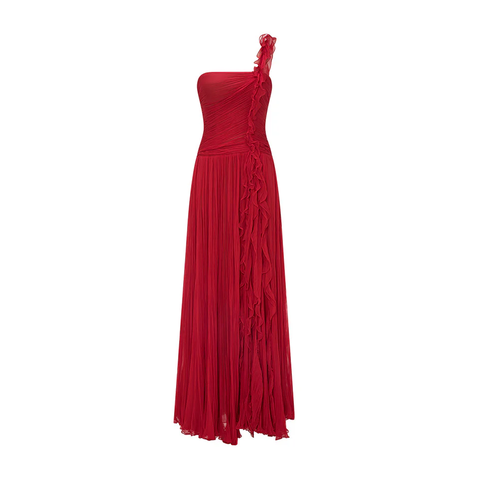 ONE SHOULDER SILK GEORGETE PLEATED A-LINE CUT DRESS