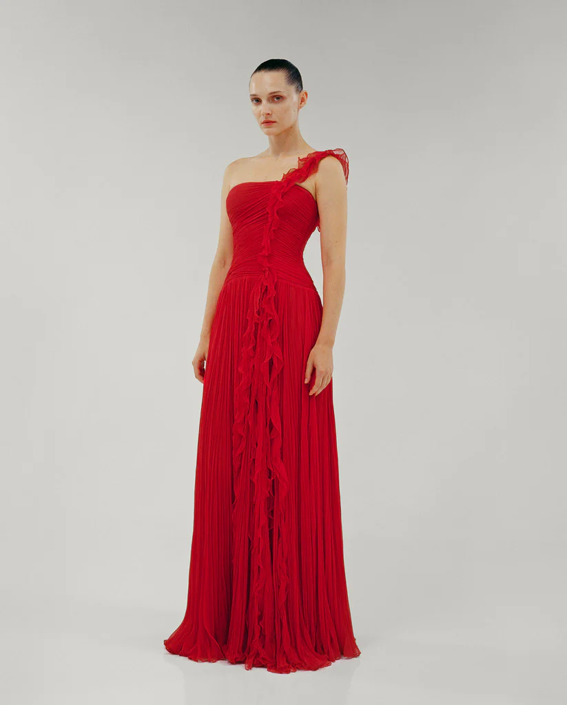 ONE SHOULDER SILK GEORGETE PLEATED A-LINE CUT DRESS - Image 2
