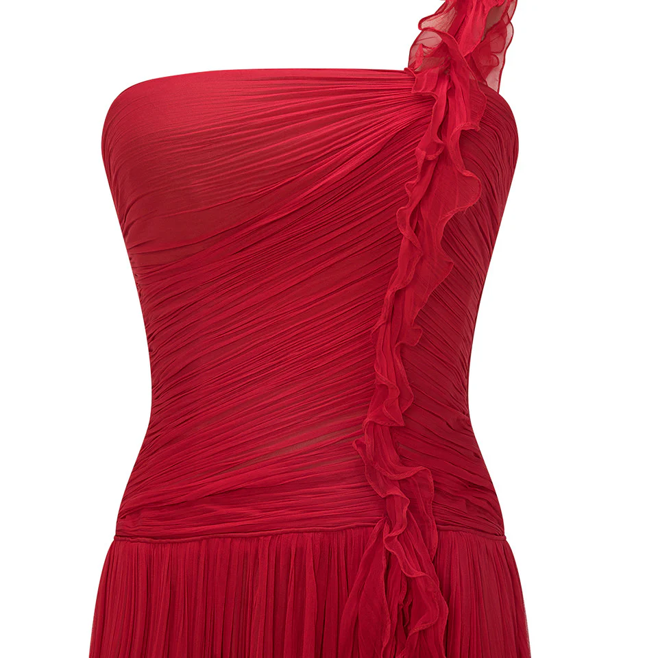 ONE SHOULDER SILK GEORGETE PLEATED A-LINE CUT DRESS - Image 3