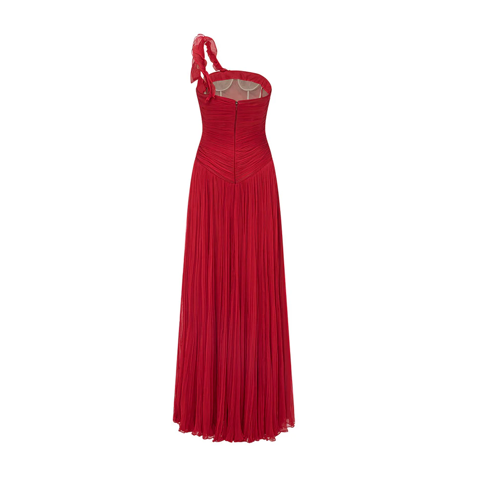 ONE SHOULDER SILK GEORGETE PLEATED A-LINE CUT DRESS - Image 4