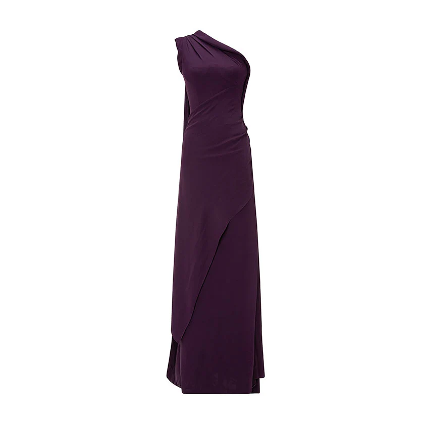 One Shoulder Crepe Dress With Cape