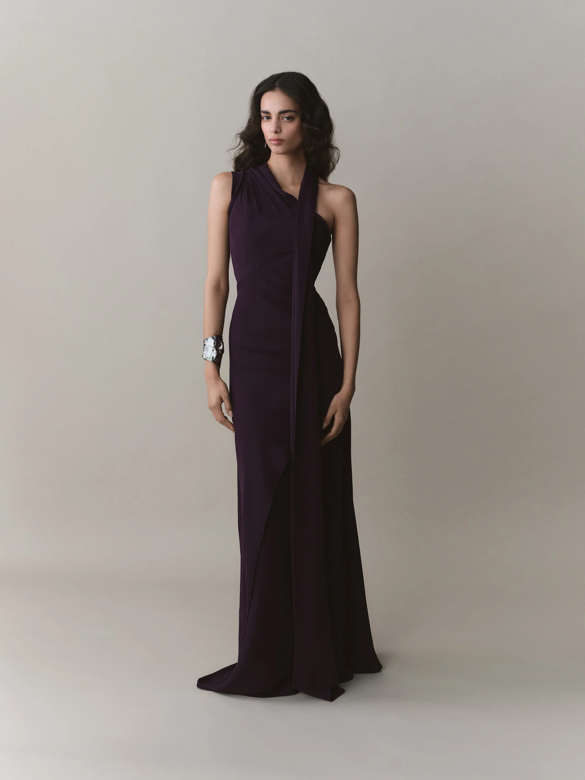 One Shoulder Crepe Dress With Cape - Image 2