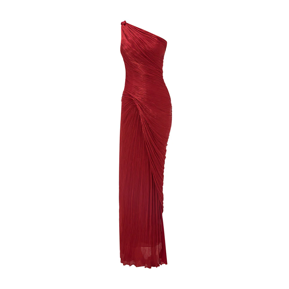 ONE SHOULDER DRAPED SILK ROSEYA HAND PLEATED GOWN