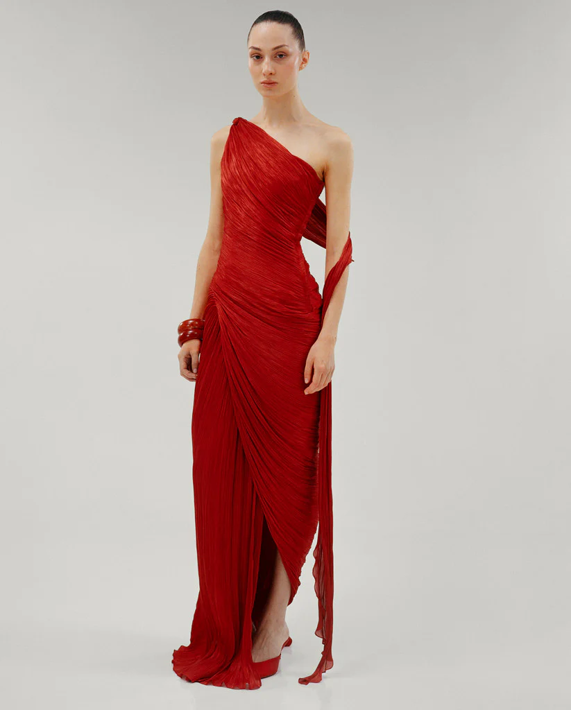 ONE SHOULDER DRAPED SILK ROSEYA HAND PLEATED GOWN - Image 2
