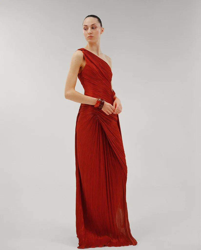 ONE SHOULDER DRAPED SILK ROSEYA HAND PLEATED GOWN - Image 4