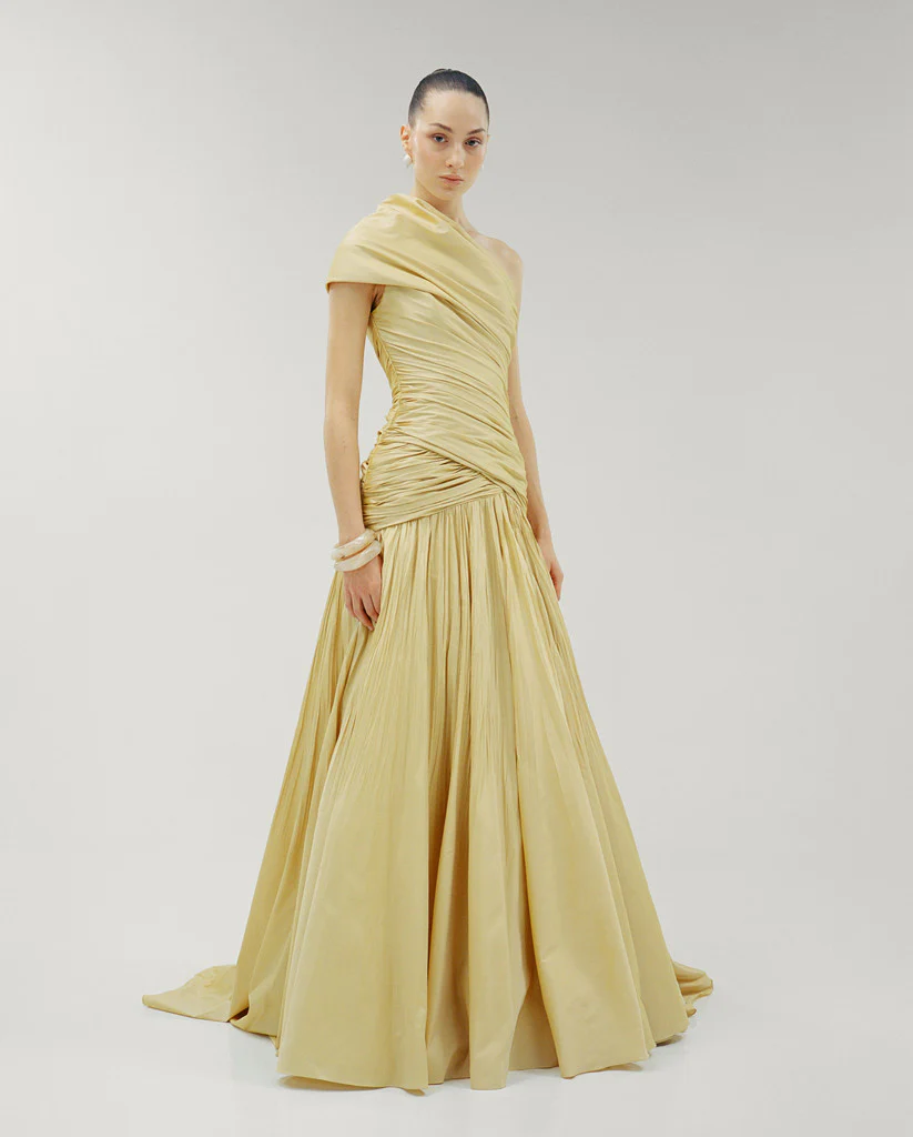 ONE SHOULDER DRAPED TAFFETA A-LINE CUT DRESS - Image 2