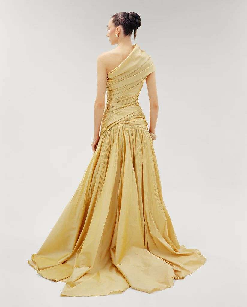 ONE SHOULDER DRAPED TAFFETA A-LINE CUT DRESS - Image 3