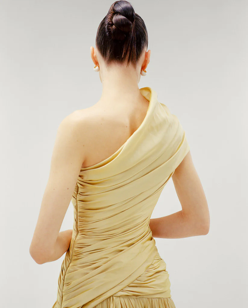 ONE SHOULDER DRAPED TAFFETA A-LINE CUT DRESS - Image 4