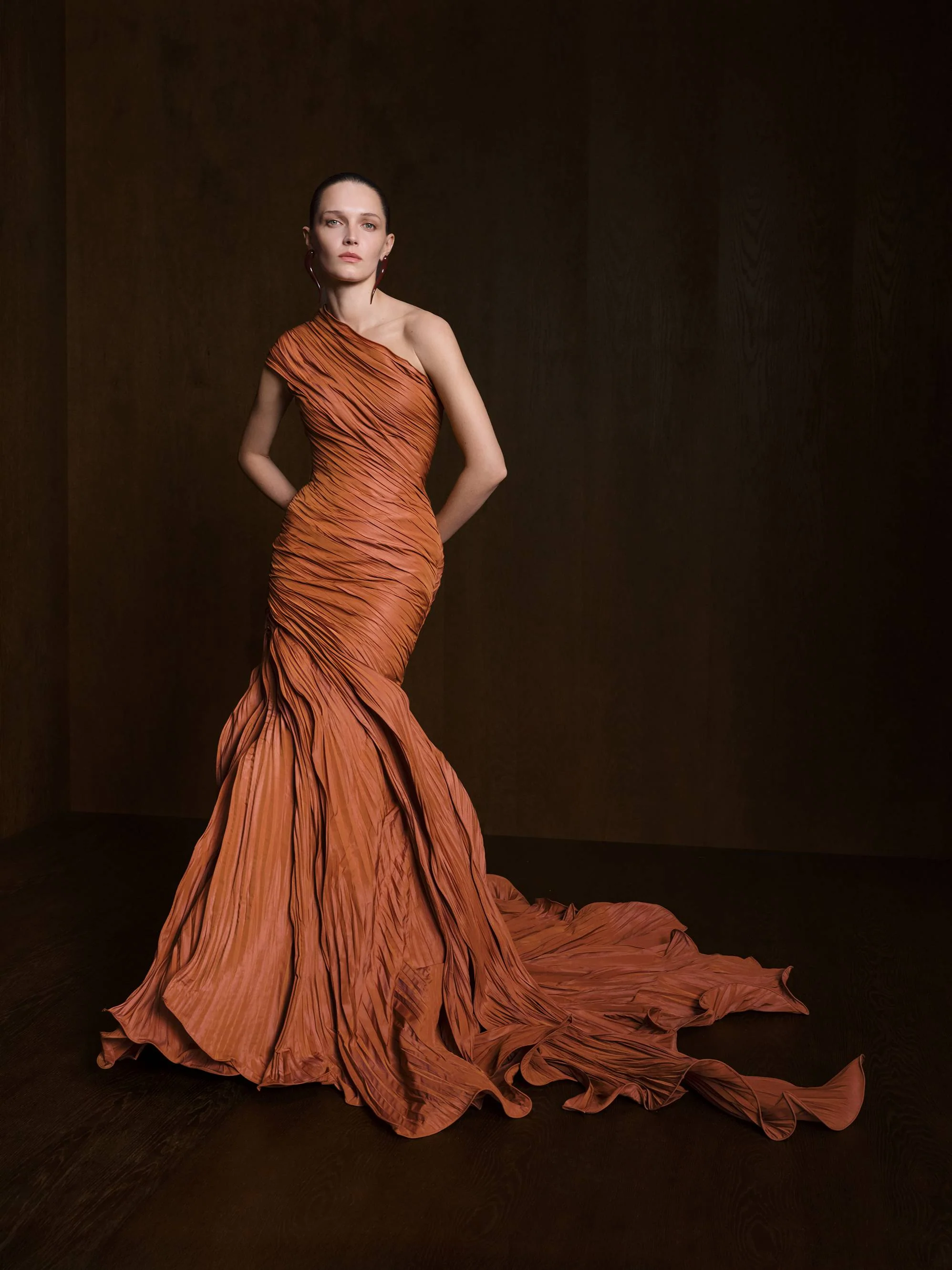 One-Shoulder Fish Cut Pleated Taffeta Dress - Image 3