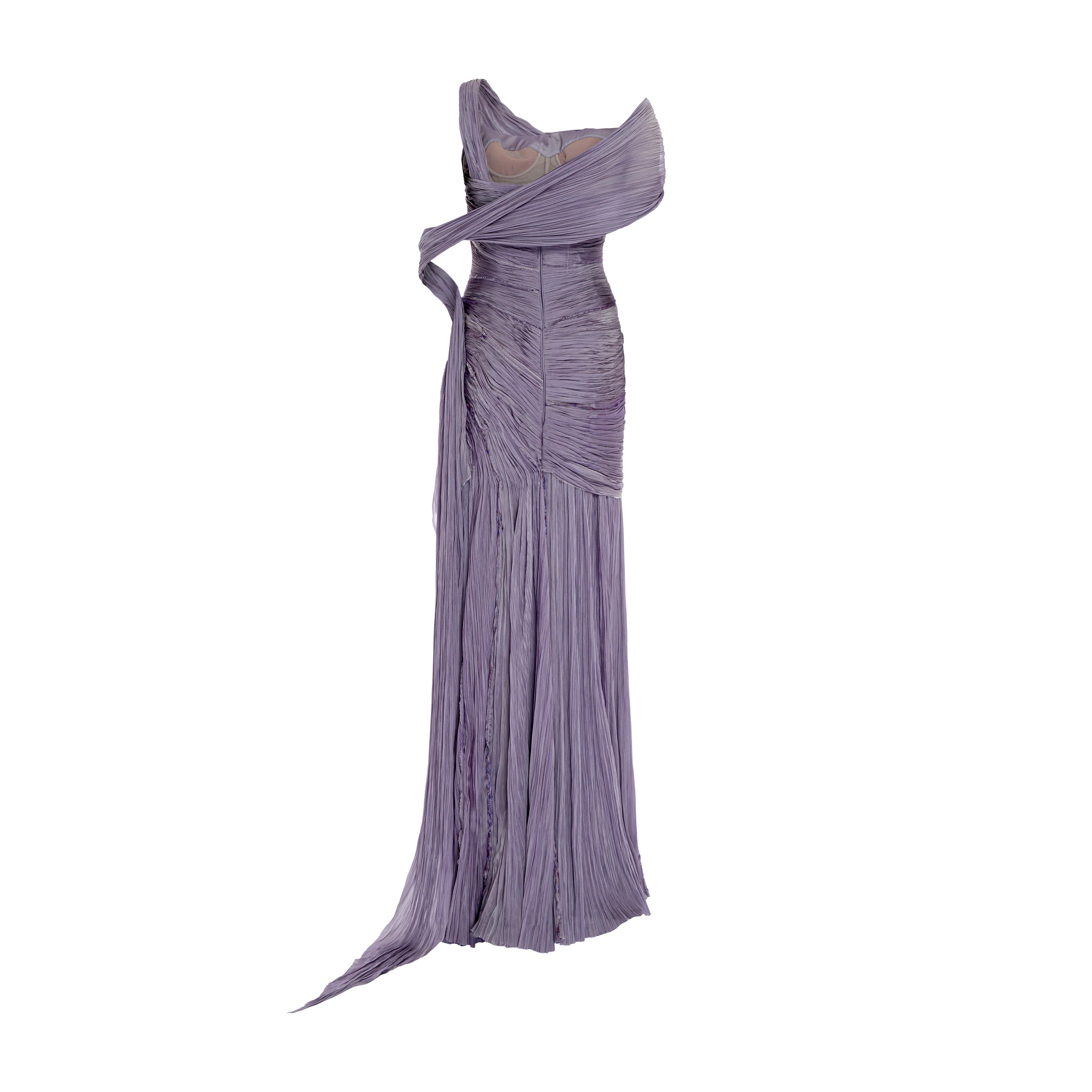 One shoulder hand pleated draped chiffon with slit and cape - Image 3