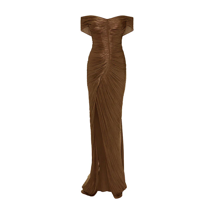 PLEATED OFF-SHOULDER GOWN WITH DETACHABLE CAPE - Image 15