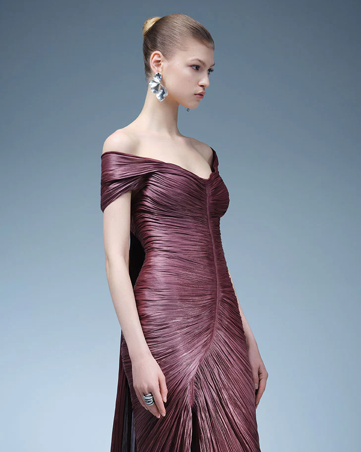 PLEATED OFF-SHOULDER GOWN WITH DETACHABLE CAPE - Image 3