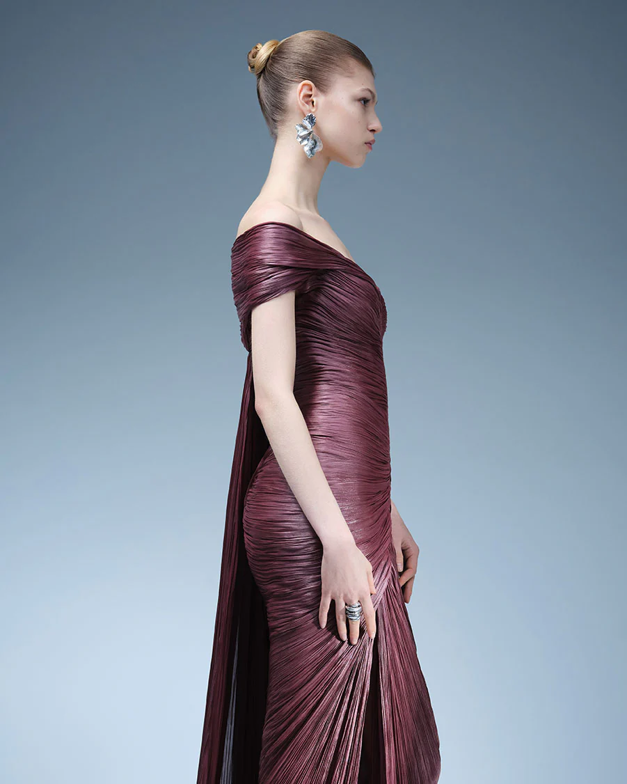 PLEATED OFF-SHOULDER GOWN WITH DETACHABLE CAPE - Image 4