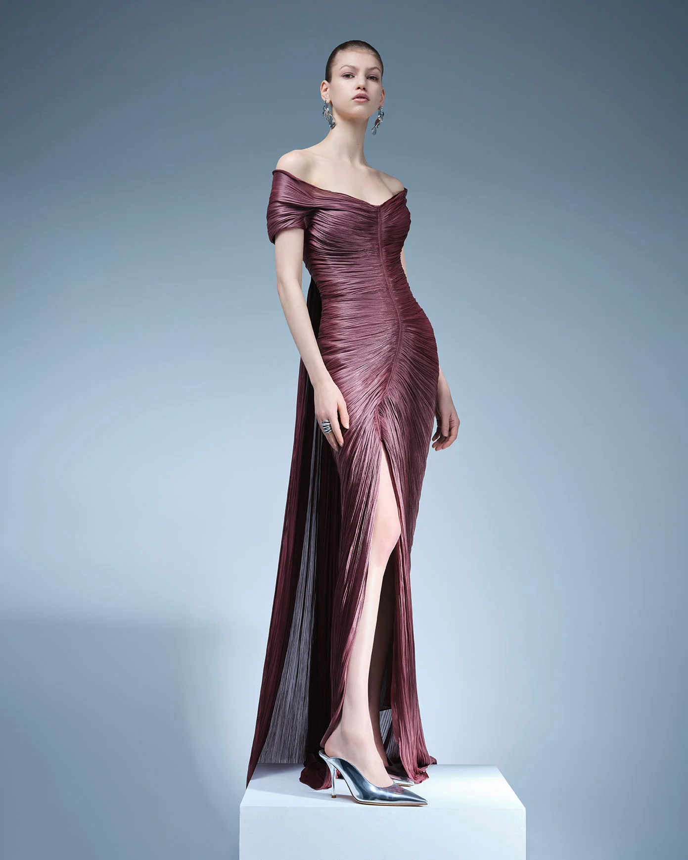PLEATED OFF-SHOULDER GOWN WITH DETACHABLE CAPE - Image 5