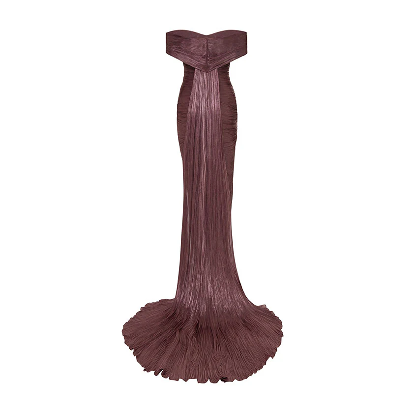 PLEATED OFF-SHOULDER GOWN WITH DETACHABLE CAPE - Image 6