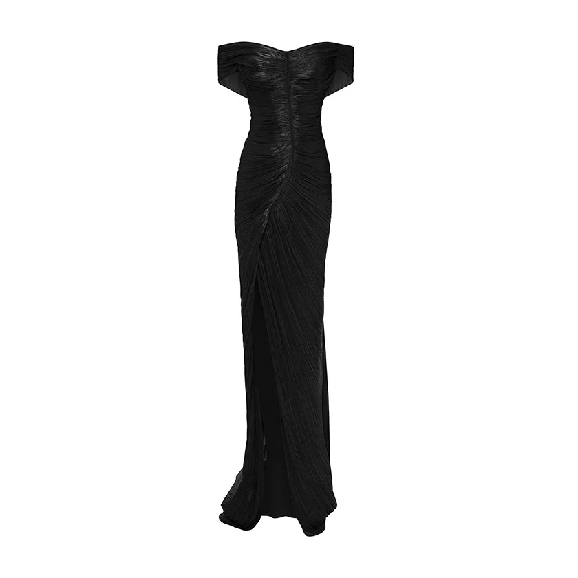 PLEATED OFF-SHOULDER GOWN WITH DETACHABLE CAPE - Image 8