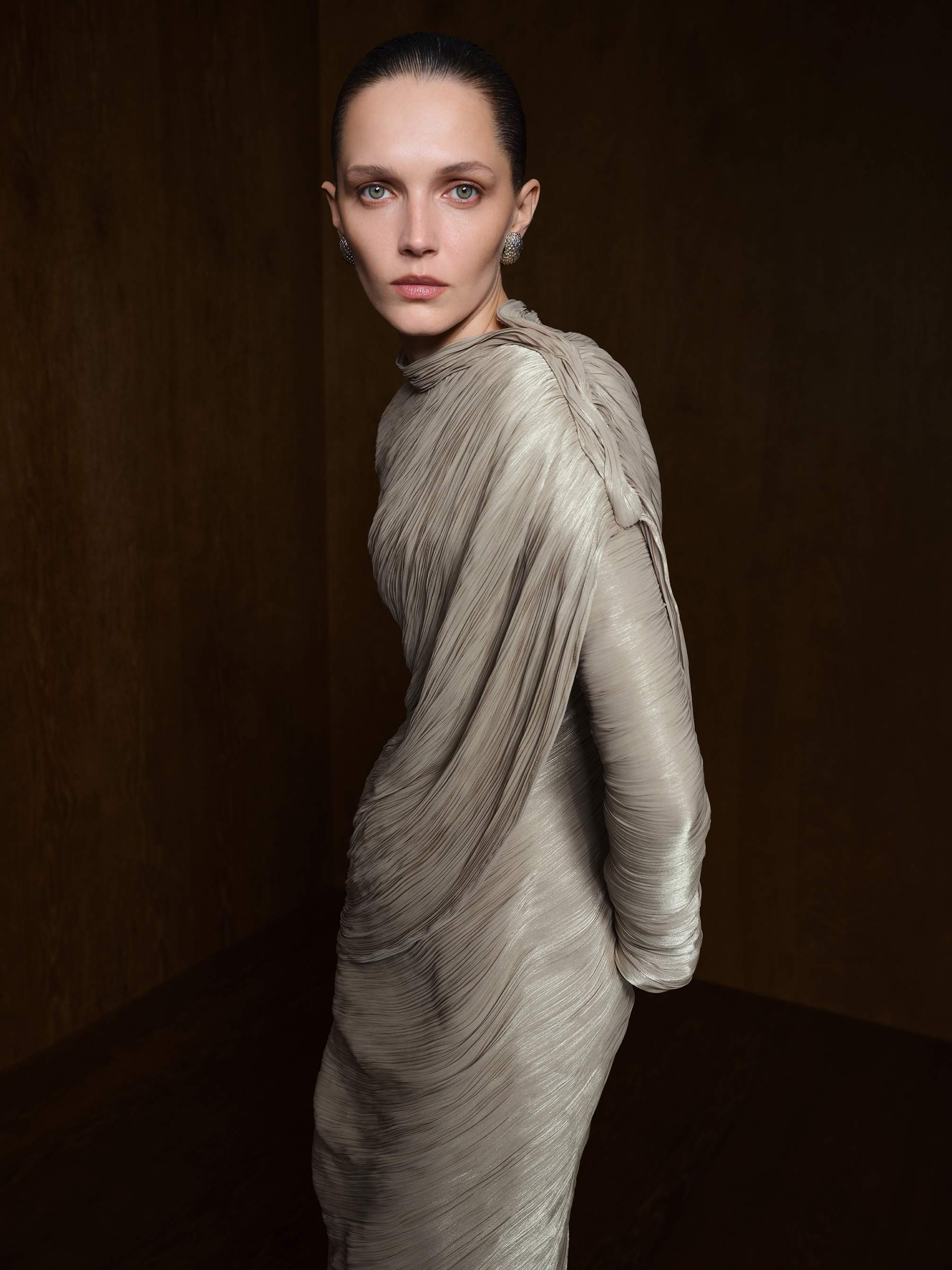 Pleated Silk Dress With Cape - Image 3