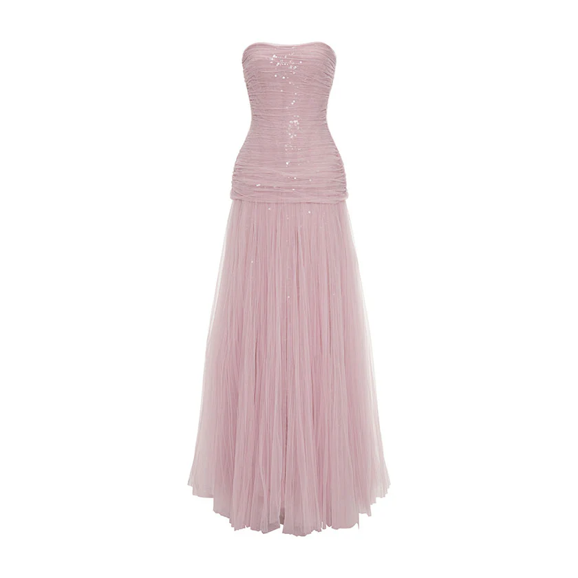PLEATED TULLE AND SEQUINS STRAPPLESS GOWN - Image 4