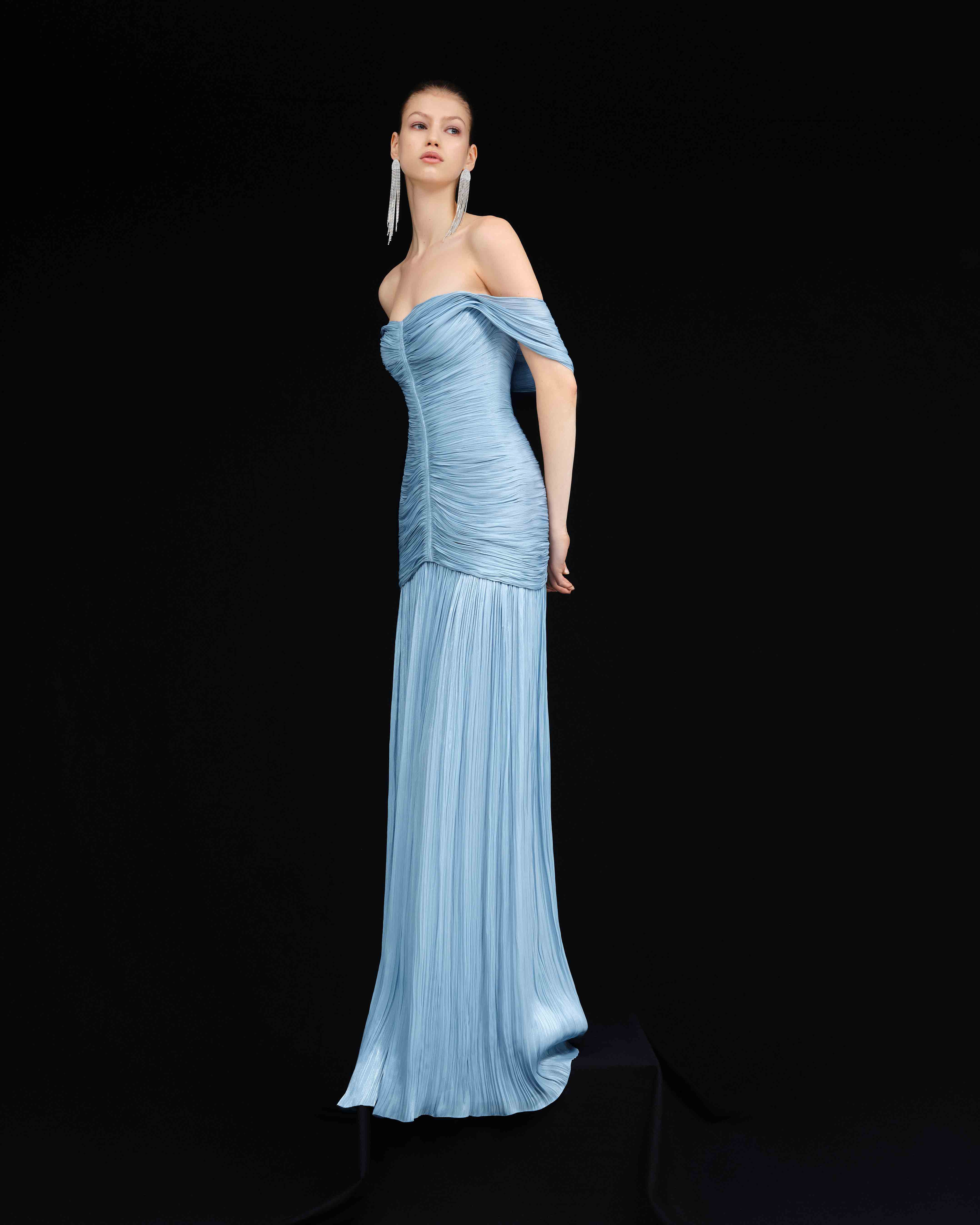 RUCHED SILK SATIN OFF SHOULDER GOWN - Image 3