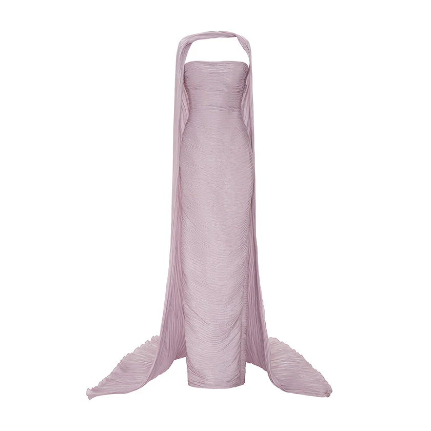 RUCHED STRAPLESS SILK GOWN WITH CAPE