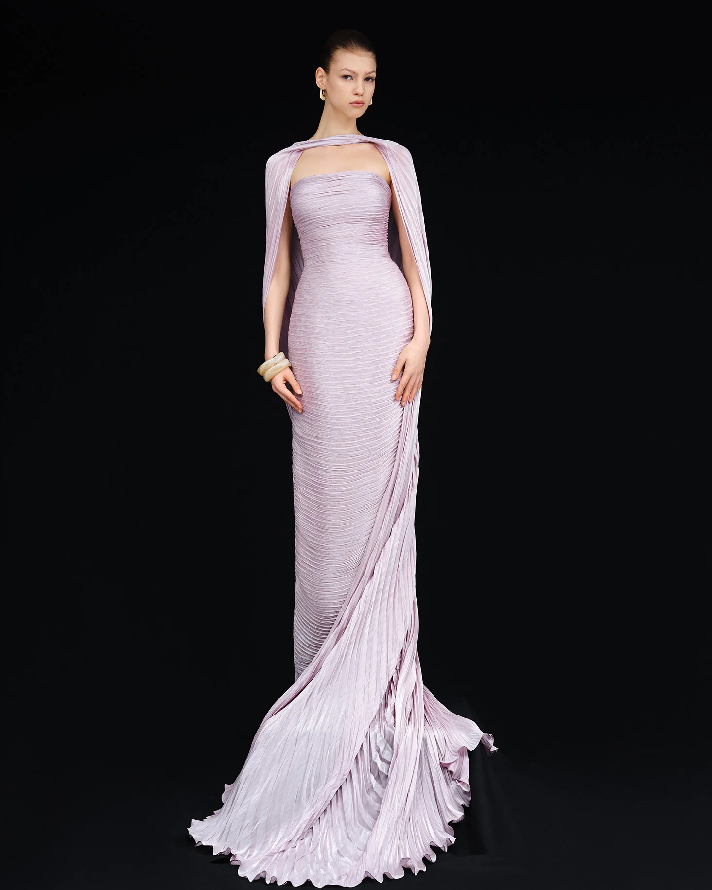 RUCHED STRAPLESS SILK GOWN WITH CAPE - Image 2