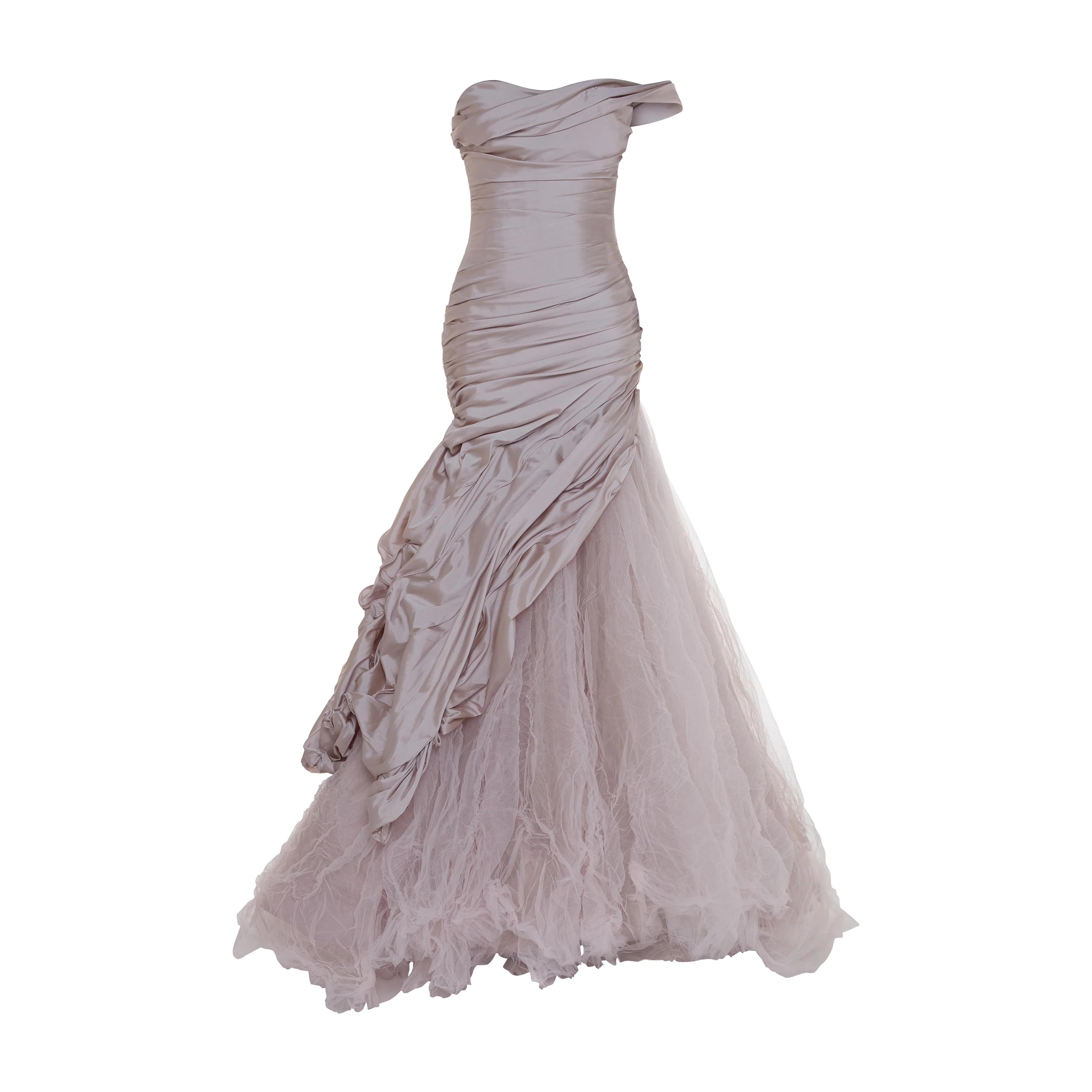 SELENA - ONE-SHOULDER PLEATED TAFFETA FISHTAIL GOWN WITH TULLE SKIRT