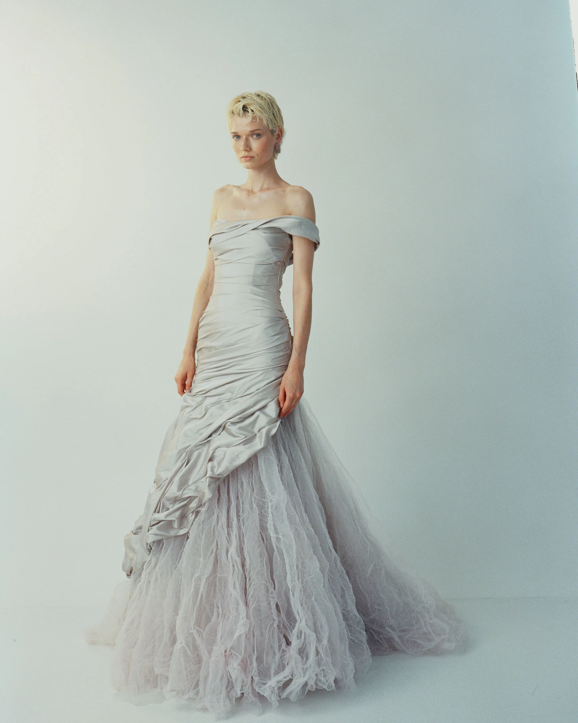 SELENA - ONE-SHOULDER PLEATED TAFFETA FISHTAIL GOWN WITH TULLE SKIRT - Image 2