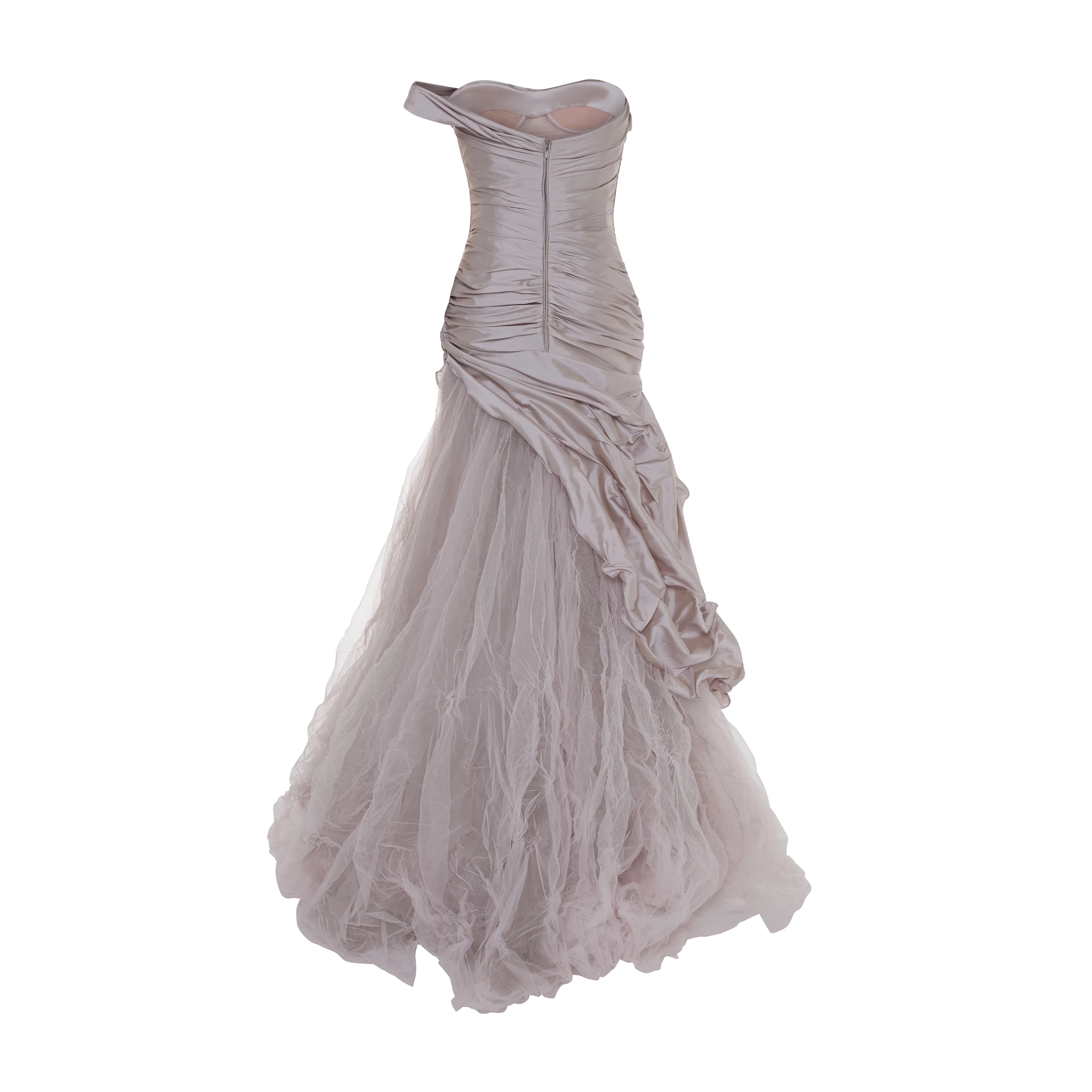 SELENA - ONE-SHOULDER PLEATED TAFFETA FISHTAIL GOWN WITH TULLE SKIRT - Image 3