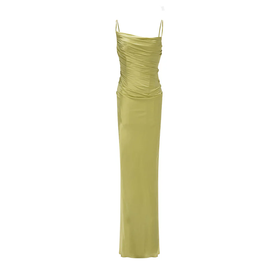 SILK SATIN DRAPED DRESS WITH DETAILED BACK