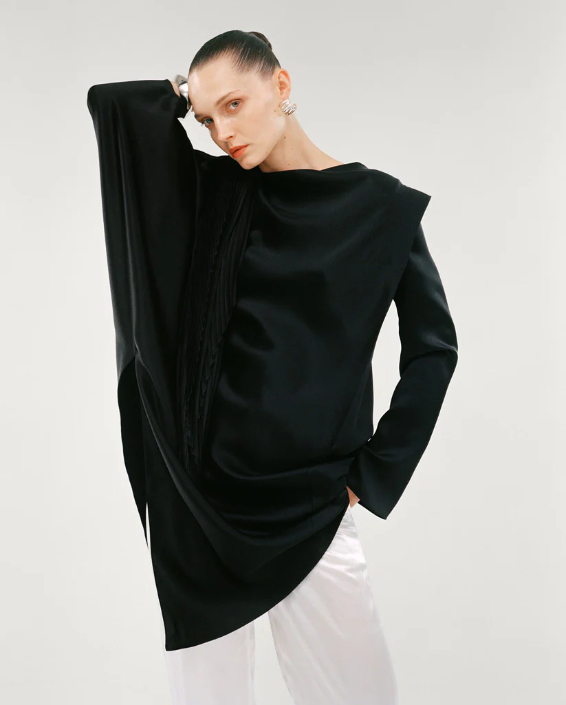 SILK SATIN ASYMMETRICAL TOP WITH ONE SHOULDER PAD - Image 3