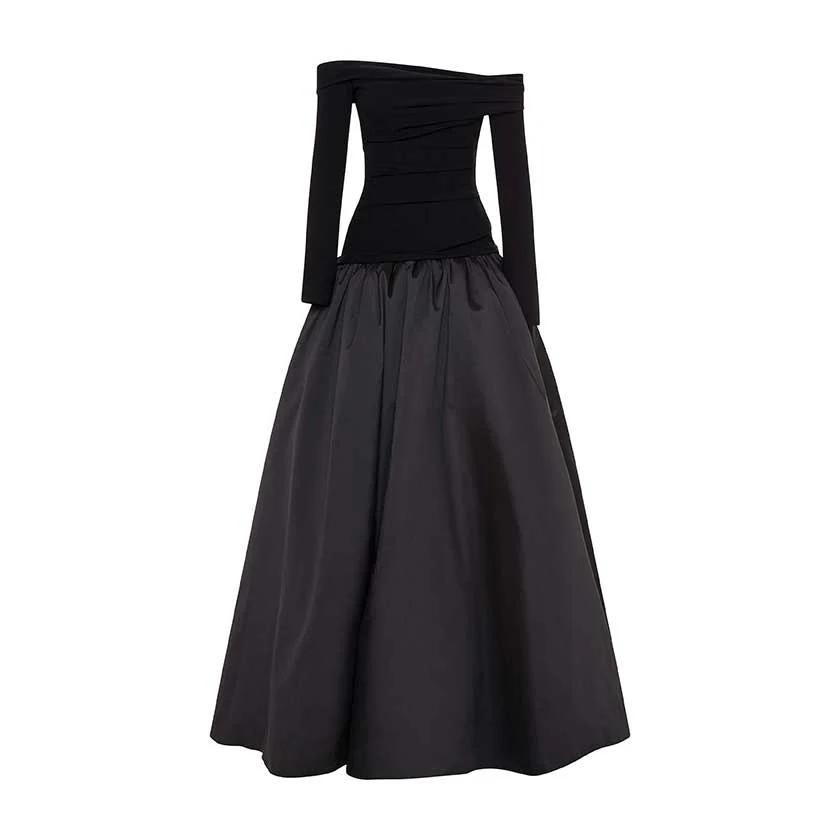 SLEEVED OFF-SHOULDER CREPE AND TAFFETA GOWN