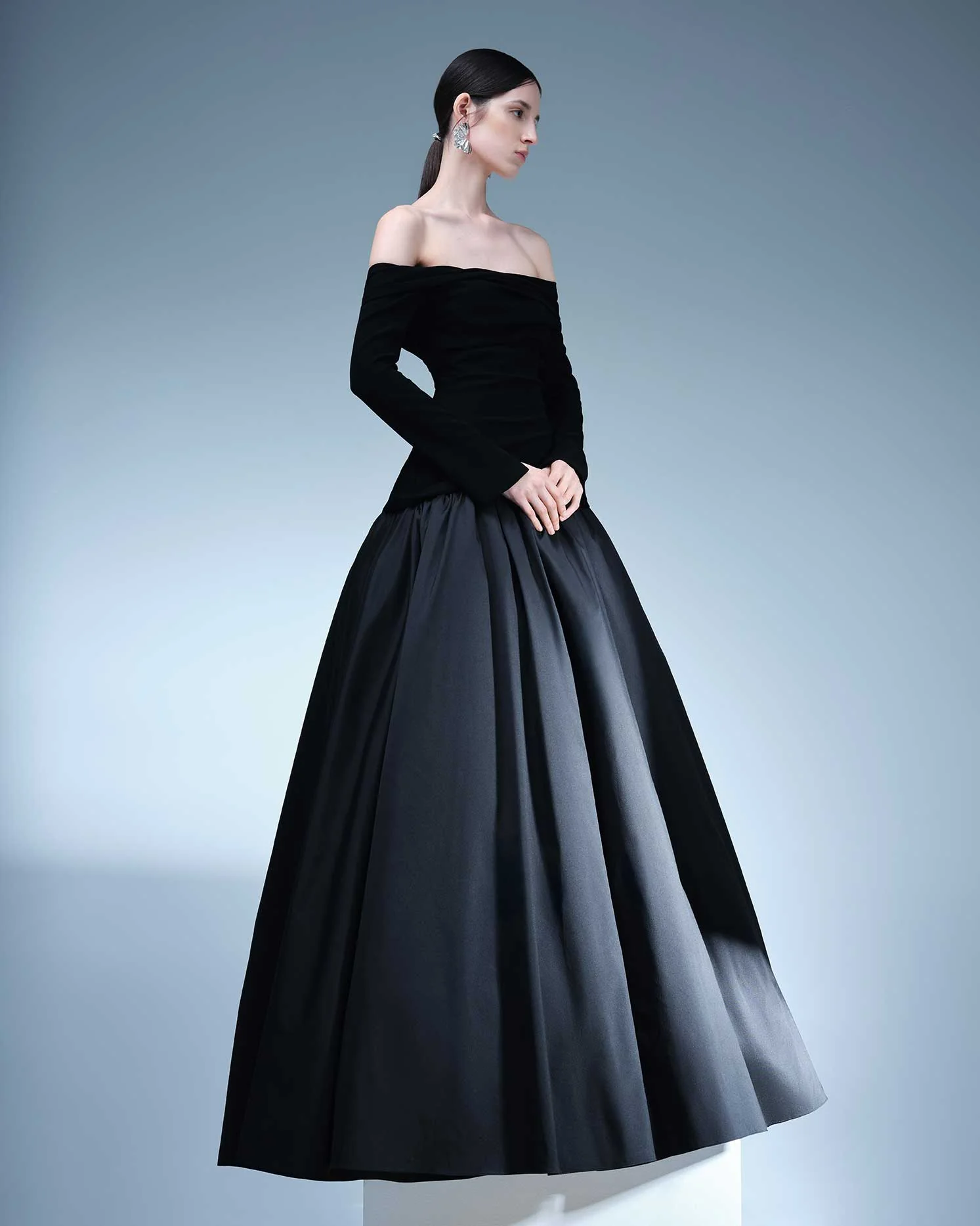 SLEEVED OFF-SHOULDER CREPE AND TAFFETA GOWN - Image 2