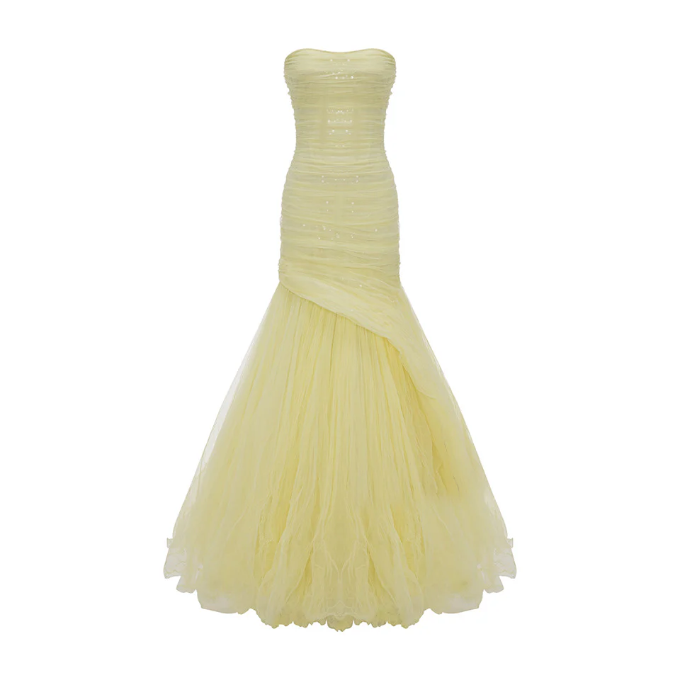 STRALESS FISH CUT TULLE DRAPED DRESS WITH EMBROIDERED SEQUIN