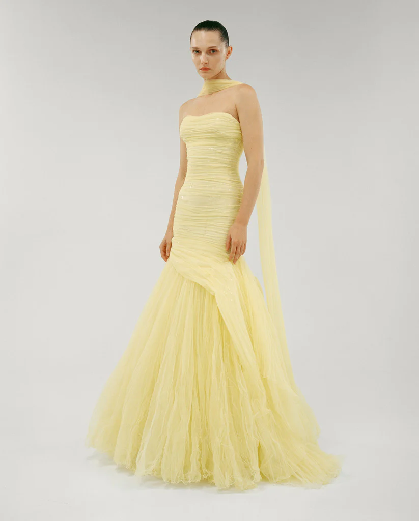 STRALESS FISH CUT TULLE DRAPED DRESS WITH EMBROIDERED SEQUIN - Image 2