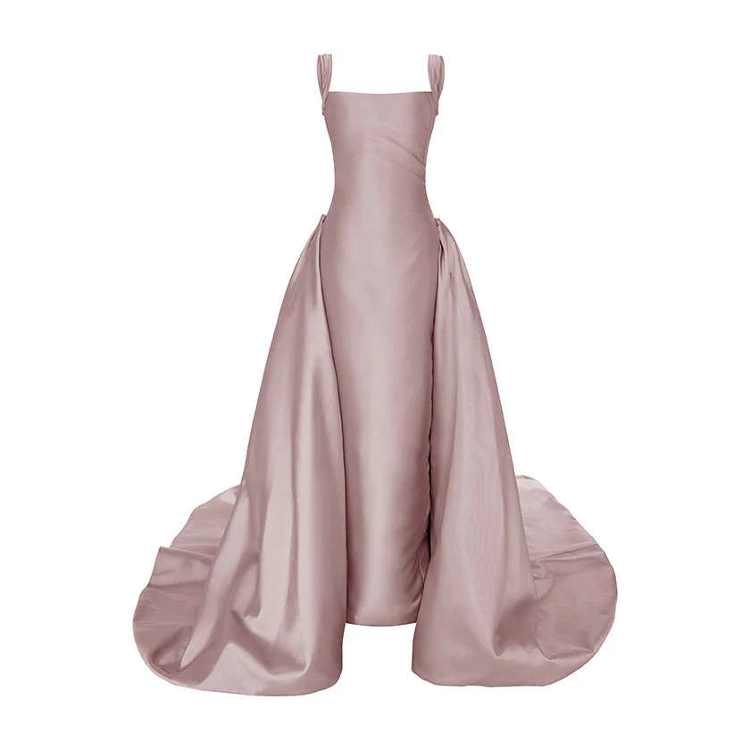 STRAPED SLEEVE MIKADO GOWN WITH DETACHABLE TAIL - Image 9