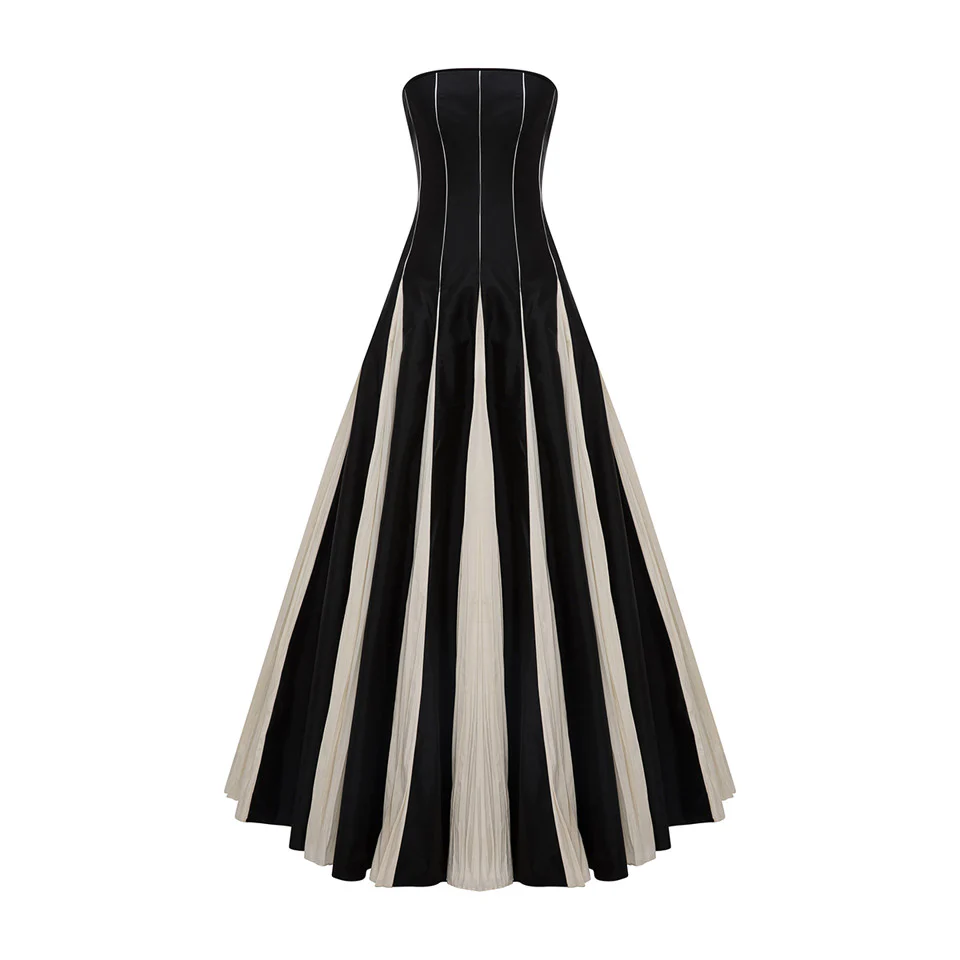 STRAPLESS A-LINE TAFFETA DRESS WITH PIPING PLEATED DETAIL