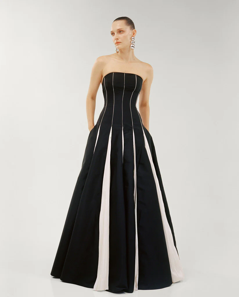 STRAPLESS A-LINE TAFFETA DRESS WITH PIPING PLEATED DETAIL - Image 2